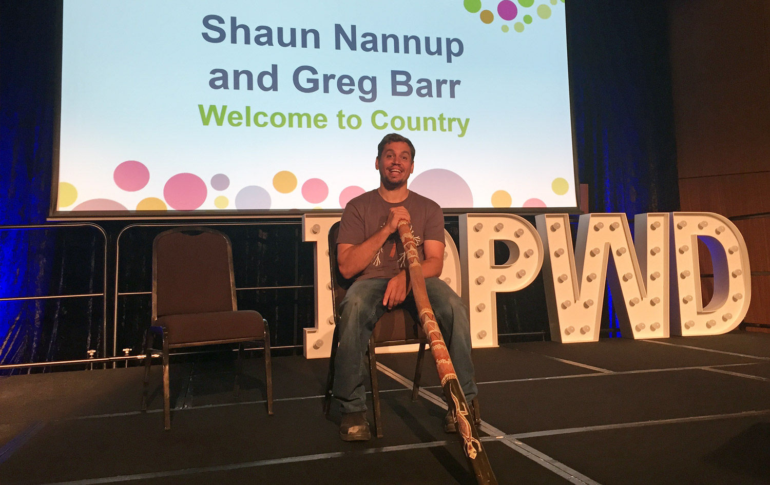 Greg Barr with his didgeridoo at the Welcome to Country, International Day of People With Disability, Crown Casino, Perth