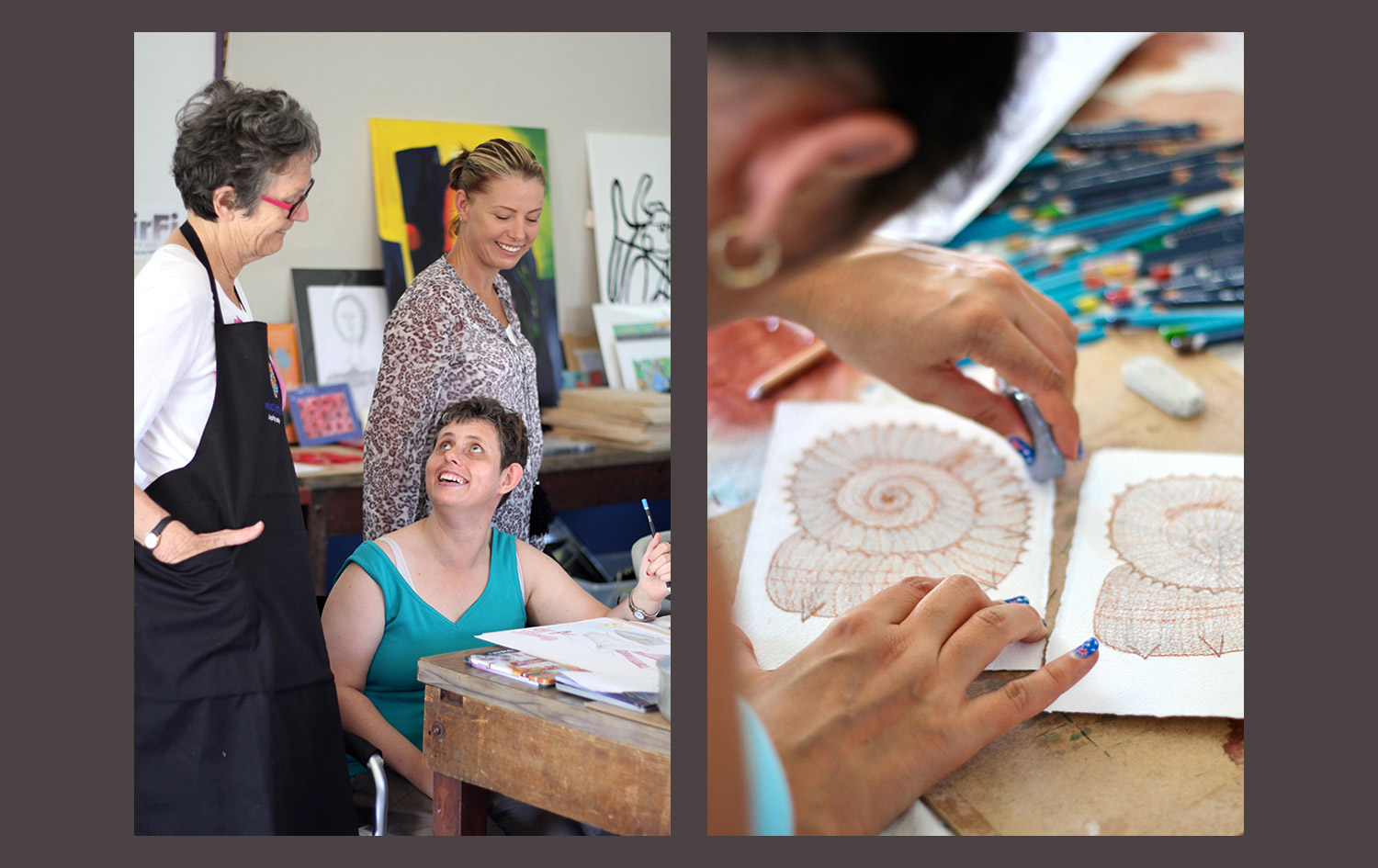 Two Images. Artist Rebecca Johnston proudly showing off her drawing to coordinator Evelyn Lim and sister Mardi Johnson. Artist Candice Raphael drawing a fossilised sea creature.