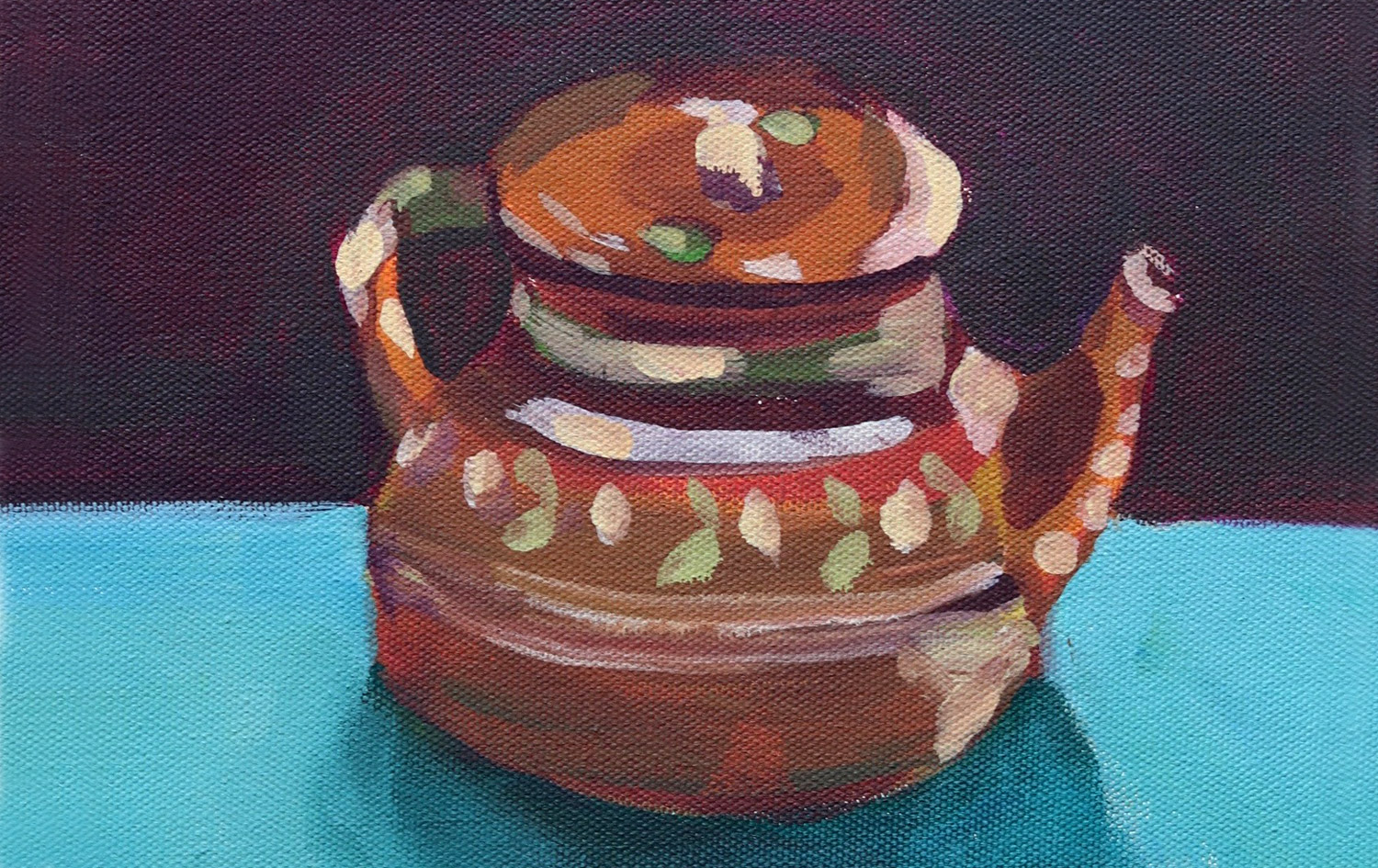 Painting by Kate Leslie of a small colourful ceramic tea pot