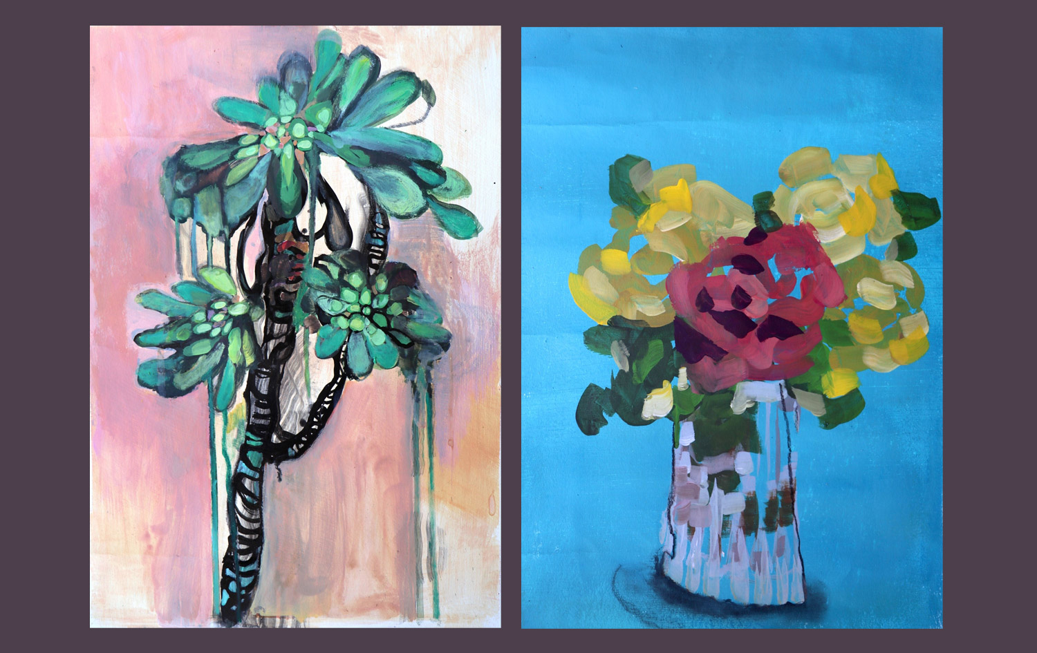 Paintings by Kate Leslie, one a green succulent and one of a vase of red and yellow roses