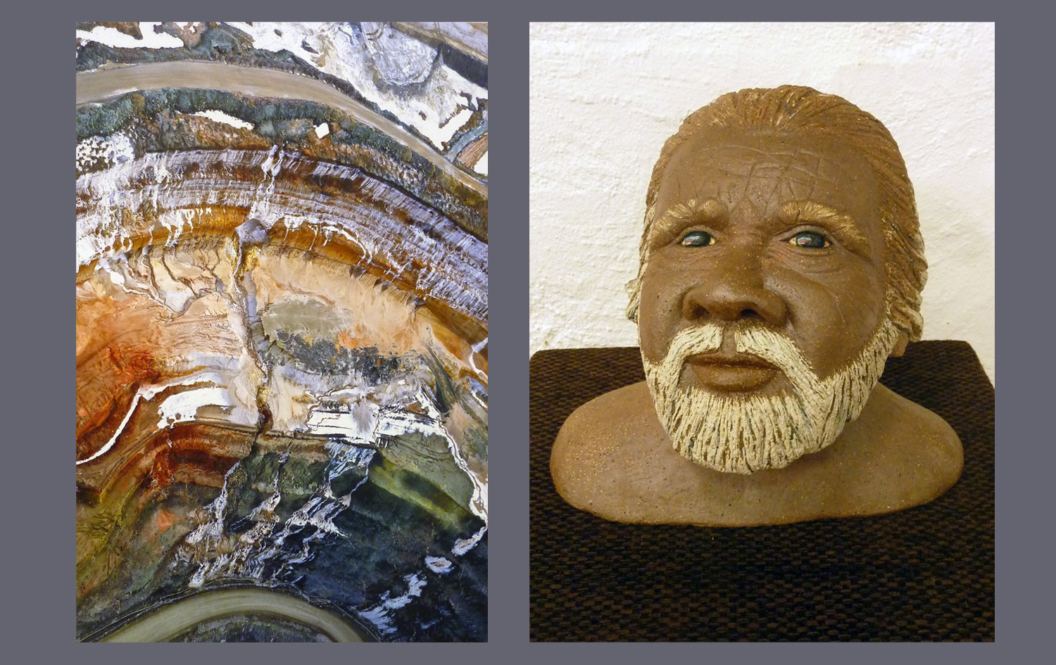 Two artworks. Photograph on canvas Open Cut by Gwenael Velge and ceramic Aboriginal bust Old Wise Man by Sue Sloan