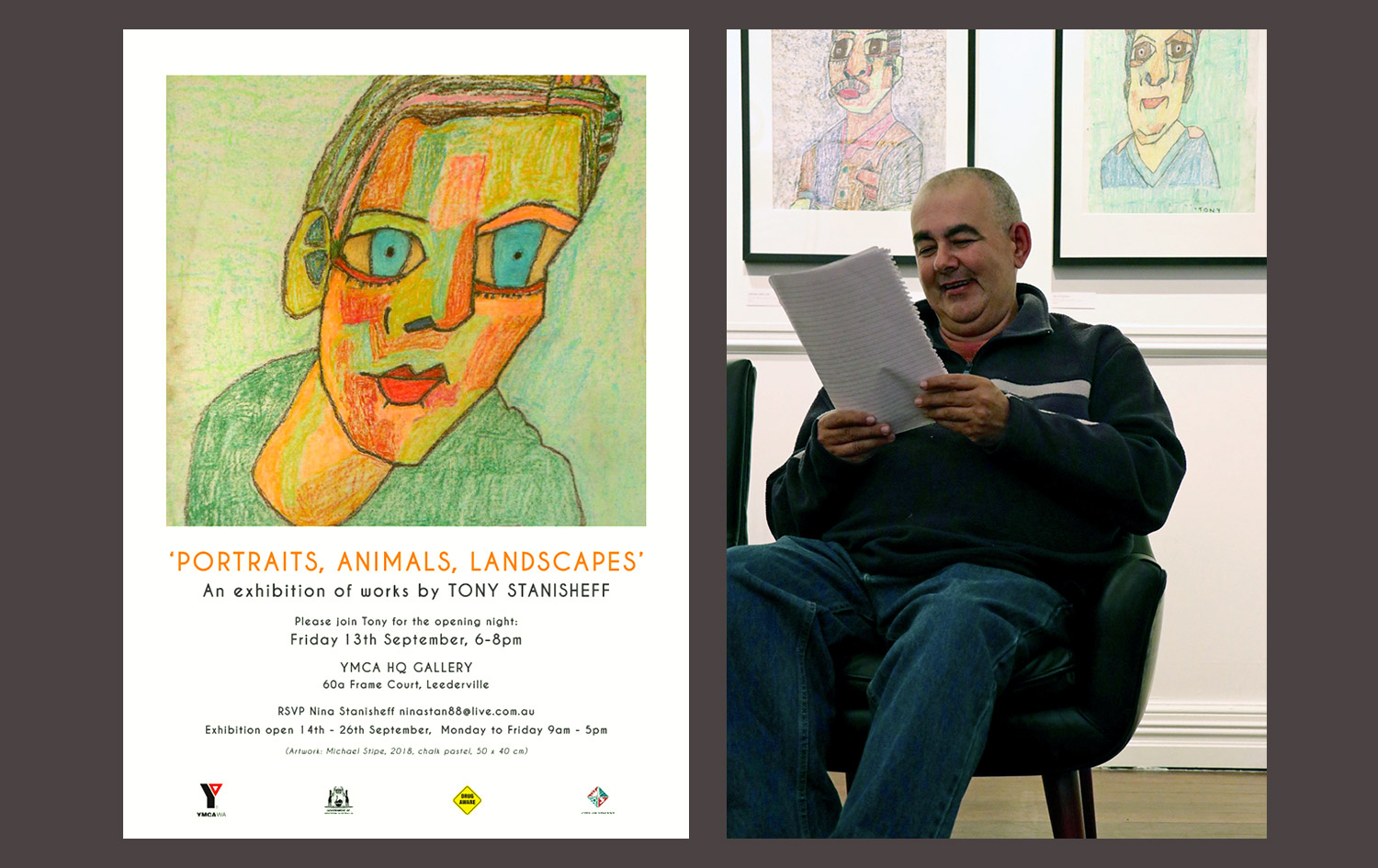 Flyer for Tony Stanisheff's exhibition 'Portraits, Animals and Landscapes' and image of Tony at the opening night