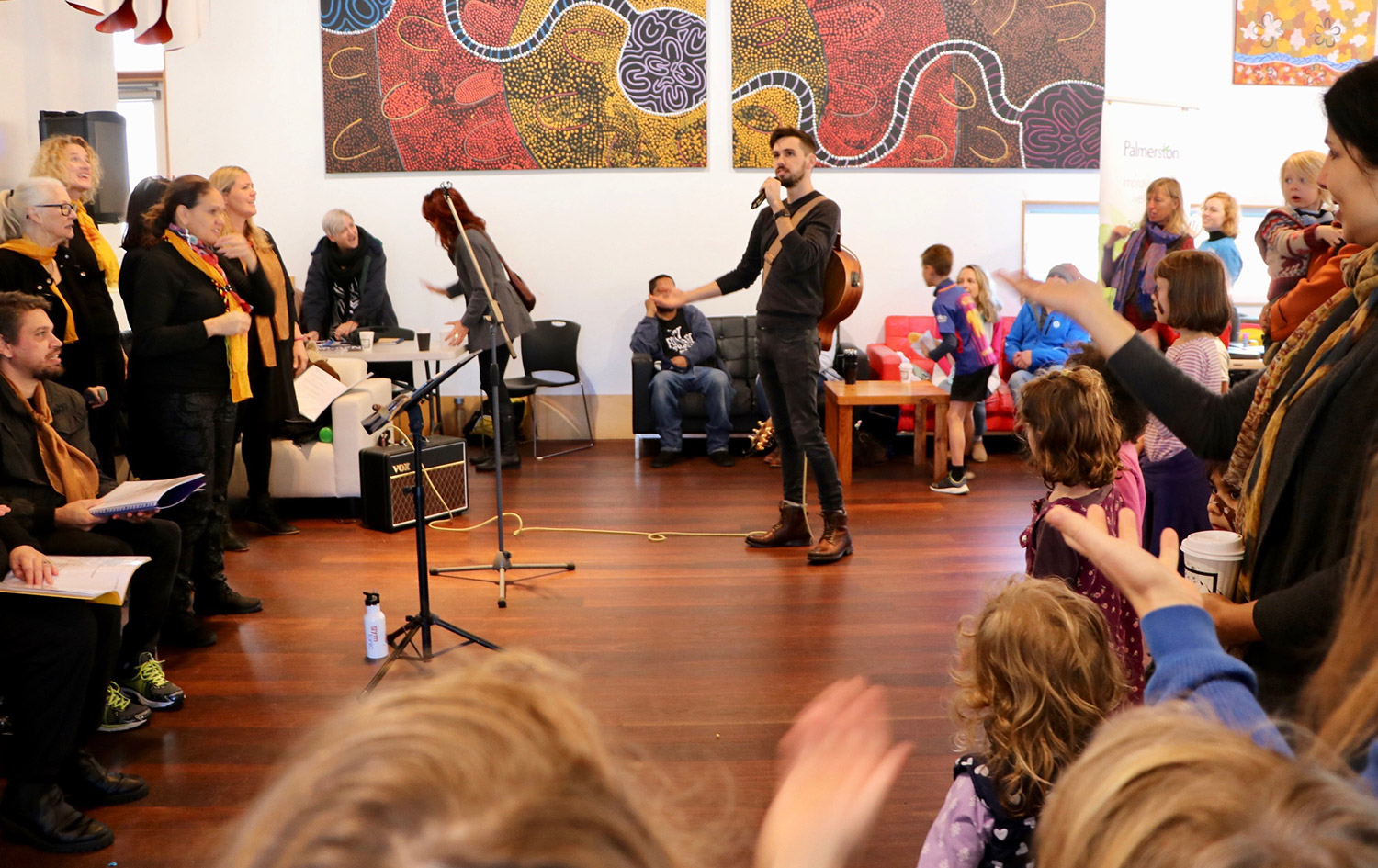 Kobi Morrison leading the Walyalup Kannajil Community Choir's NAIDOC Week Performance, Fremantle PCYC, Hilton